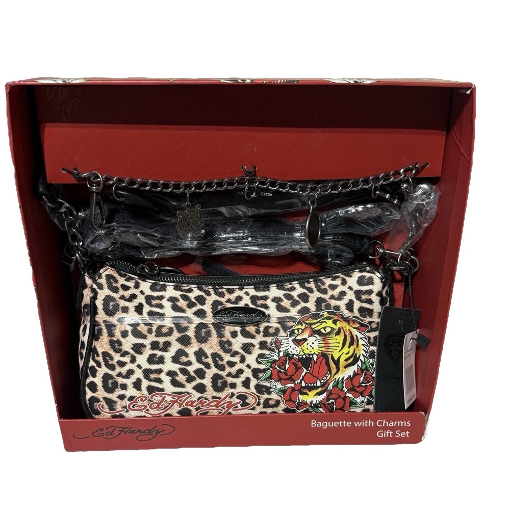 Ed Hardy Baguette Leopard Shoulder Crossbody Bag Gift Set With Charms New In Box